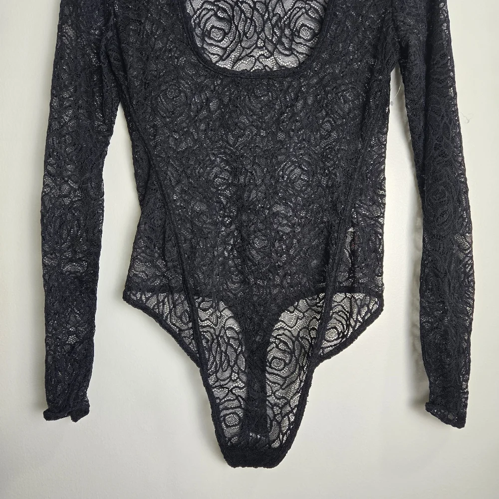 Free People Intimately Floral Lace Square Neck‎ Chic Black Sheer Bodysuit S